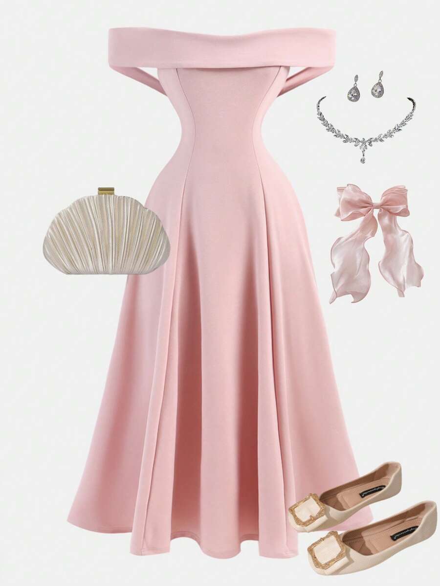 Girlism 少女春夏粉色针织露肩收腰 A 字裙，复古优雅，适合节日、派对、情人节、婚礼 - 粉色 - 查看 1