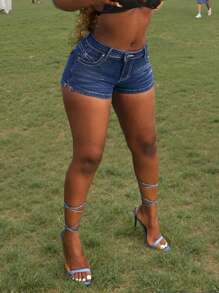 Slaydiva Women's Summer Fashion Washed Embroidered Side Slit Denim Shorts - Blue - View 6