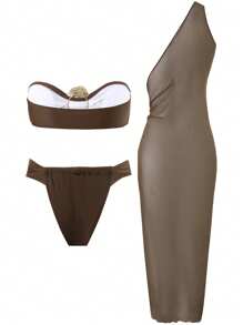 Swim Oasis Women Summer Beach Solid Color Sexy Bandeau Bikini Set With One Shoulder Cover Up Dress - Brown - View 2