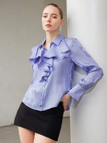 Aveloria Modichic Elegant Ruffle Collar Translucent Texture Teacher Long Sleeve Button-Up Shirt Holiday Party Clothes  Fall Cloth For Women - Purple - View 5