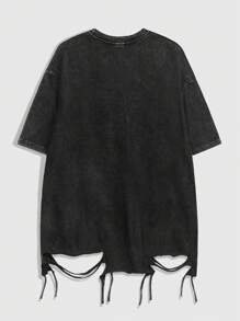 ROMWE MEN Street Life 男士简约圆领短袖印花休闲上衣，日常穿着 - 黑色 - 查看 3