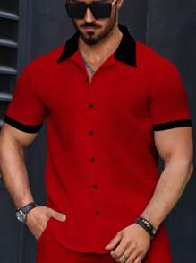 Manfinity Homme Men's Casual Contrast Color Trim Short Sleeve Shirt, Summer - Red - View 7