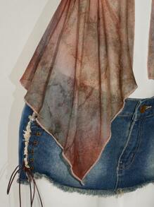 SHEIN ICON Damen Urlaubs Sexy Mesh Glockenärmel Neckholder Top Boho Abschluss Ostern Festival Flughafen, Rave Top, durchsichtiges Top