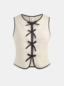 Girlism Teen Girl Spring And Summer Girl's Lace-Up Cardigan Suit, Contrasting Color Bow, Girl's Top, Solid Color Casual Loose Trousers, Girl's Two Pieces Set, Daily Casual, Workplace Commuting Wear,Girls Valentines Outfit,Teen Girl Dresses,Mom And Daughter Matching,Valentine Day~Clean Girl,Cute - Khaki - View 3