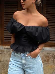 Strévra Top corto elegante de hombros descubiertos de unicolor, camisa de verano, top con volantes para salir - Negro - Ver 7