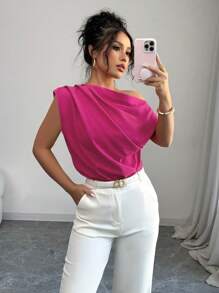 Elenzga Women's Minimalist Solid Color Ruched Asymmetrical Shoulder Blouse, Summer - Hot Pink - View 5
