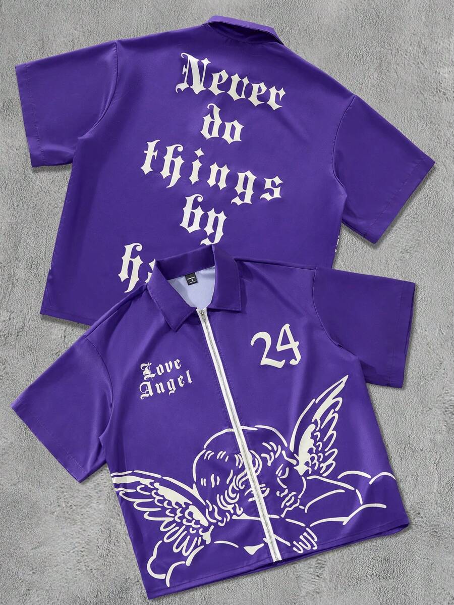 PAVTROS Manfinity Streetrush Men's Casual Angel Letter Print Short Sleeve Shirt Zipper Shirt Men Crop Shirts Men Street Wear Shirts Cropped Shirt Men Streetwear Shirts - Purple - View 1