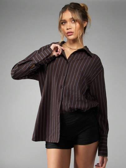 MISSGUIDED Blusa con botones y rayas verticales de corte oversize para uso profesional, ropa formal de oficina, estilo casual elegante, de manga larga y con cuello para el otoño y el invierno