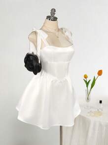 SHEIN ICON Plus Size Square Neck Bowknot Strap Rhinestone Decor Waist A-Line Dress, White Wedding Guest Dress,Corset Dress - White - View 1