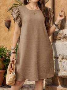EMERY ROSE Plus Size Casual Solid Color Cap Sleeve Dress - Khaki - View 1