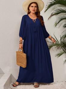 EMERY ROSE Plus Size Loose Lantern Sleeve Solid Color Dress, Casual Holiday Style Flowy Dress - Navy Blue - View 6