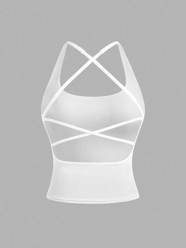 Girlism Top sportivo minimale bianco con schiena traforata, top college, top canotta tinta unita per ragazze adolescenti