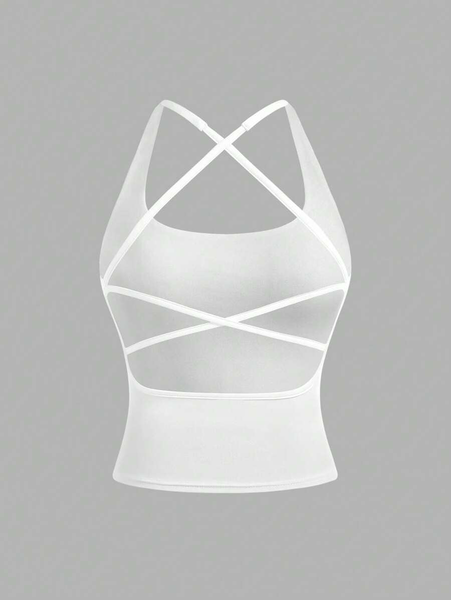 Girlism TEENGIRL White Minimalist Hollow Back Sports Tank Top, College Tank Top, Solid Color Tank Top - White - View 1