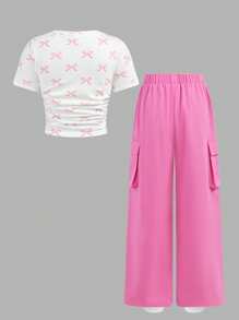 2pcs/Set Tween Girls Cute Bow Allover Printed T-Shirt & Loose Long Pants Set - Pink - View 2