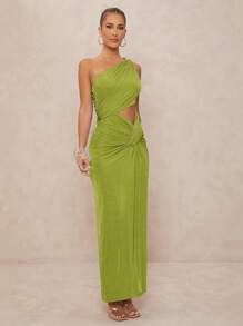 Lumalex 1 chiếc váy bó sát xoắn kim loại trang trí cho nữ có một bên vai - màu xanh lá - Xem 6