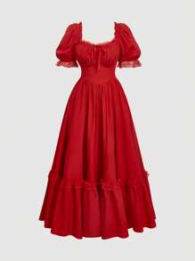 SHEIN MOD 大码红色超长蕾丝荷叶边维多利亚复古超长连衣裙、派对礼服、舞会礼服，工艺精湛 - 紅色 - 查看 1