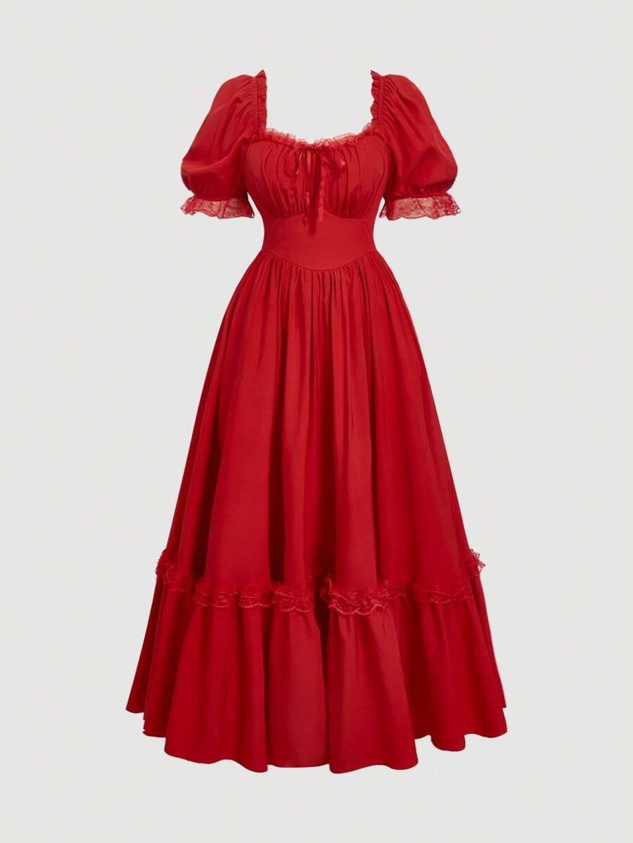 SHEIN MOD 大码红色超长蕾丝荷叶边维多利亚复古超长连衣裙、派对礼服、舞会礼服，工艺精湛 - 紅色 - 查看 1