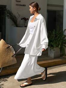 Livesso Western Style Beach Vacation Plain Linen Blend Loose Minimal 2pcs Set For Women, Suitable For Spring Lounge Sets For Women - White - View 2