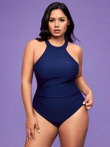 SHEIN Swim Curve Đồ bơi một mảnh hở lưng có dây rút cỡ lớn cho nữ - Màu xanh hải quân - Xem 6