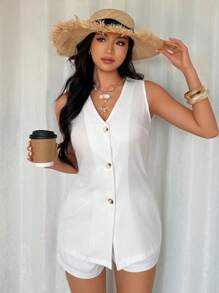 Chiquease 2pcs/Set Women Solid White Vest And Shorts Sets, Casual - White - View 6