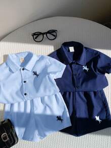 4pcs/Set Baby Boy Summer Blue Colorblock Animal Print Knit Soft Collar Short Sleeve Shirt & Elastic Waist Shorts Outfit, Suitable For Vacation, Daily, School - Multicolor - View 4