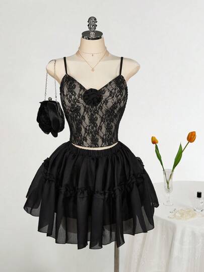 SHEIN ICON 大码黑色荷叶边下摆装饰荷叶边裙，适合婚礼宾客