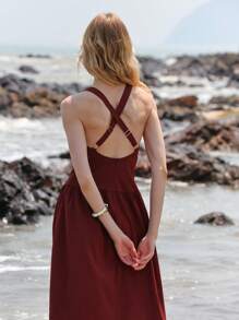 Lumivelle Women's V-Neck Cinched Waist Ruched A-Line Elegant Backless Knit Dress - Rust Brown - View 2