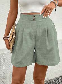 SHEIN Clasi Pantalones cortos casuales versátiles de mujer con bolsillos plisados de unicolor