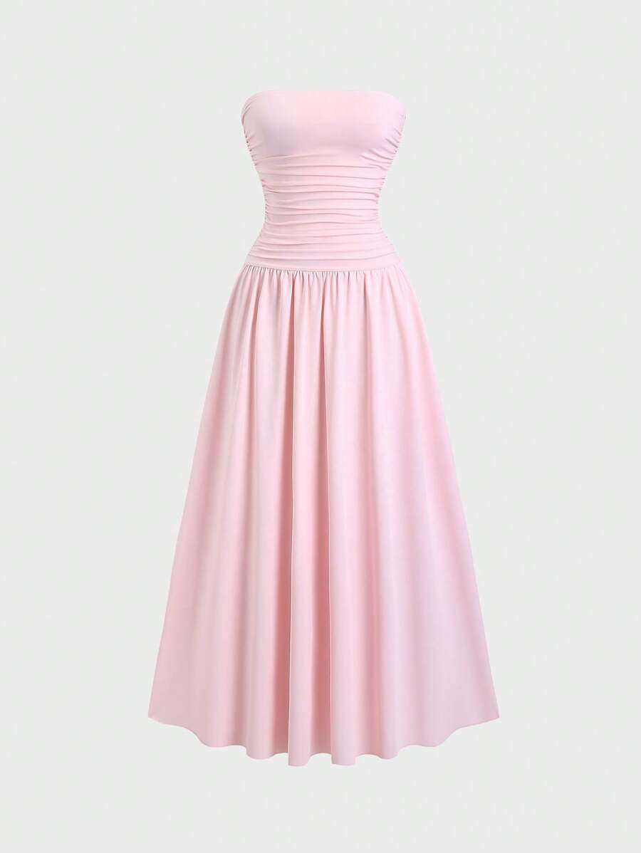 Sweetra 女士法式优雅时尚简约纯色褶皱露肩修身喇叭裙，休闲度假夏装 - 淺粉色 - 查看 1
