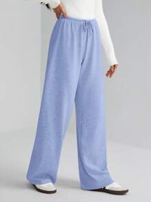 SHEIN Tall Damen einfarbige weiche Strickhose mit Kordelzug in der Taille, locker geschnitten, lässig, Herbst/Winter, Baggyhose, für große Frauen - Blau - Übersicht 4