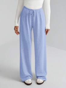 SHEIN Tall Damen einfarbige weiche Strickhose mit Kordelzug in der Taille, locker geschnitten, lässig, Herbst/Winter, Baggyhose, für große Frauen - Blau - Übersicht 7