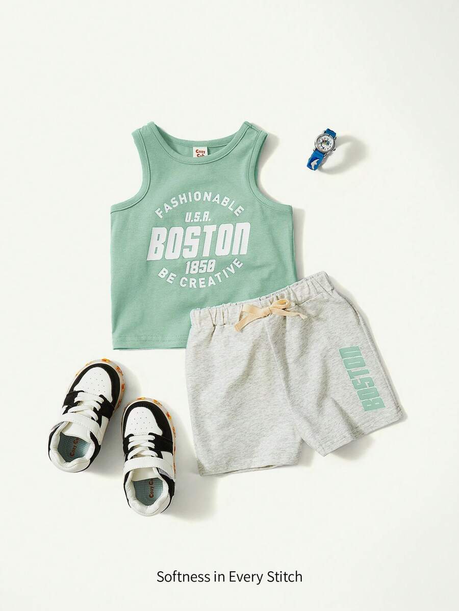 Cozy Pixies 2pcs Baby Boy Letter Print Crew Neck Sleeveless Tank Top And Casual Shorts Set - Multicolor - View 1