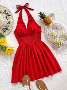 Soleia 女士 V 领迷你沙滩裙、度假、音乐节、夏季服装、波西米亚风、红色、下午茶