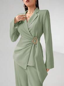 Heiryn Women's Fashion Metal Decor Wrap Blazer Jacket, Suitable For Work Commute In Fall/Winter - Green - View 3