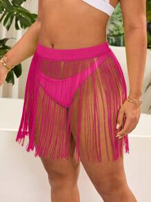 Slaydiva Plus Size Women's Summer Vacation Sexy Solid Color Fringe Shawl & Mini Skirt Set