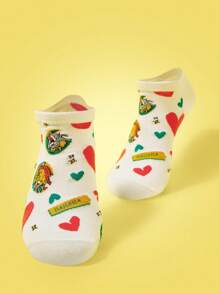 TOM & JERRY X SHEIN 1 Pasang Kaos Kaki Pendek Wanita Motif Hati & Tikus yang Modis - Krem - View 1
