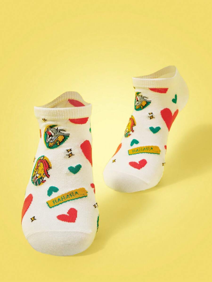 TOM & JERRY X SHEIN 1 Pasang Kaos Kaki Pendek Wanita Motif Hati & Tikus yang Modis - Krem - View 1
