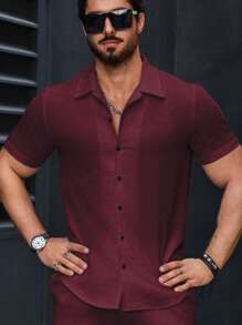 Manfinity Homme 男士纯色短袖单排扣休闲办公衬衫 - 乾枯玫瑰色 - 查看 6