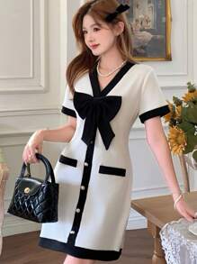 SHEIN Adolescente fete elegante, colegiu, înapoi la școală legare contrast 3D cu papillon, rochie contrastant alb-negru - Alb-negru - Vizualizare 4