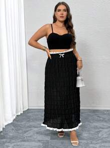 SHEIN Frenchy Plus Size Casual And Elegant Texture Chiffon Color Block Bow Long Skirt - Black - View 4