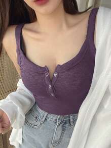 DAZY Women Crew Neck Slim Fit Single-Breasted Rib-Knit Casual Tank Top - Purple - View 2