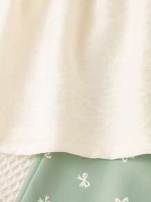 SHEIN Vintaside Kids Girls Butterfly Print Outfit: Floral Embroidery Cap Sleeve Blouse, Cute Butterfly Printed Casual Wide Leg Pants, Sweet Vintage Style Summer Set Summer Holiday - Green - View 6