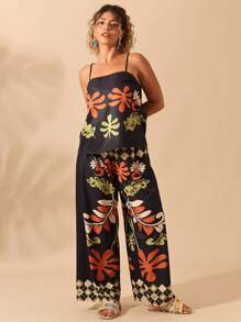 Breezaya 2 pezzi/set, Taglia oversize, Pigiama stampato con motivi tropicali, Canotta e pantaloni, Adatto per spiaggia e vacanze, Nuovo arrivo per l'estate