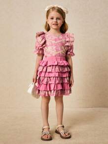 SHEIN Young Girls Elegant Pink Floral Print Cake Style Mini Skirt, Spring/Summer - Pink - View 4