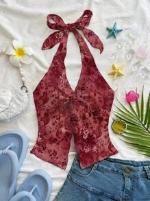 Soleia Fashionable Sexy Red Paisley Printed Halter Backless Tie-Up Twist Hem Slit Cami Top,Rave Top - Multicolor - View 4