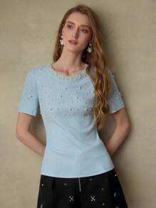 MOTF PREMIUM CAMISETA DE MANGA CORTA CON DETALLES DE PERLAS FALSAS - Azul - Ver 6