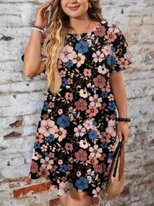 EMERY ROSE Casual Minimalist Floral Print Loose Fit Round Neck Short Sleeve Plus Size Dress, Suitable For Spring And Summer - Multicolor - View 6
