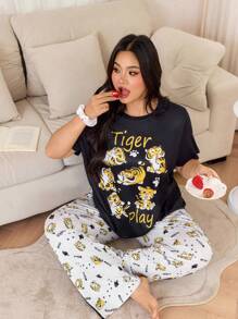 Dream Adore Cute Cartoon Tiger Print Round Neck Short Sleeve Pajama Set, Plus Size - Multicolor - View 6
