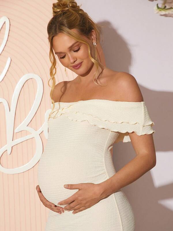 Loomaby Vestido elegante de corte ajustado con volantes color liso para maternidad