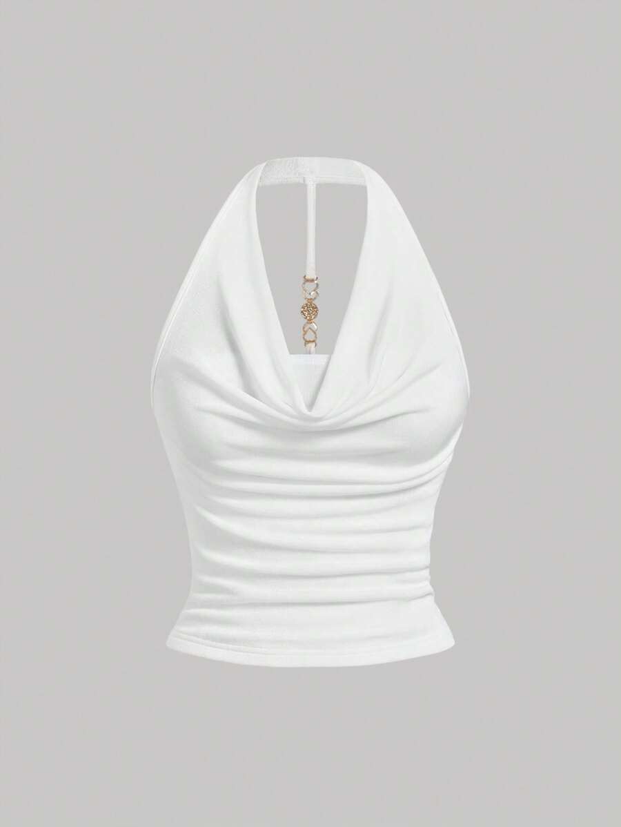 SHEIN PETITE Top corto con escote halter y espalda descubierta, unicolor, sexy para mujer